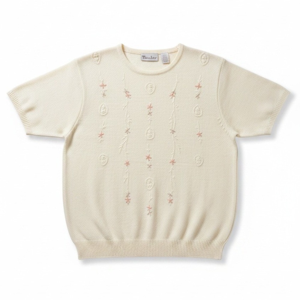 TanJay Cream Embroidered Short Sleeve Knit Sweater, Women's Large N481 92703